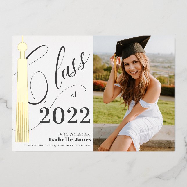 Gold Tassel White Photo Graduation Foil Invitation (Front)