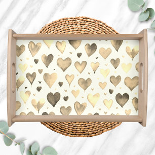 Gold Taupe Watercolor Modern Heart Pattern Serving Tray