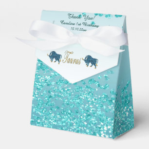 Gold Taurus & Teal Blue Glitter Birthday Favor Boxes