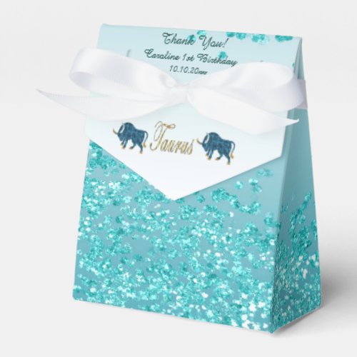 Gold Taurus  Teal Blue Glitter Birthday Favor Boxes