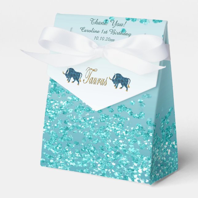 Gold Taurus & Teal Blue Glitter Birthday Favor Boxes (Front Side)