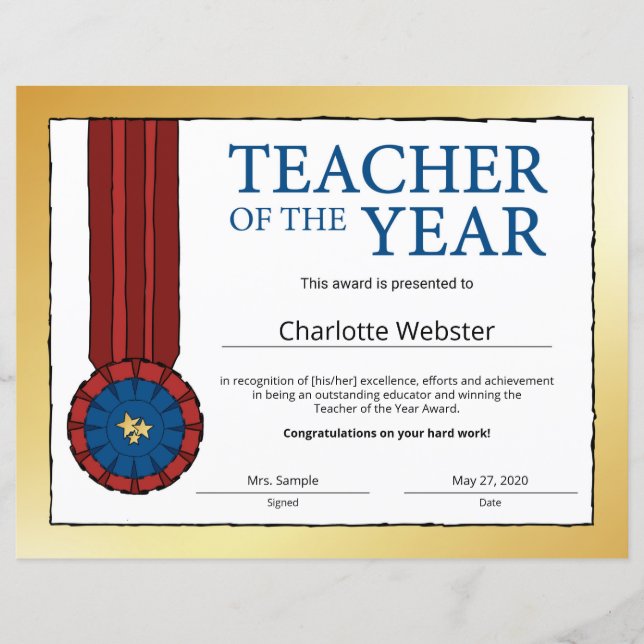 Gold Teacher of the Year Certificate Award (Front)