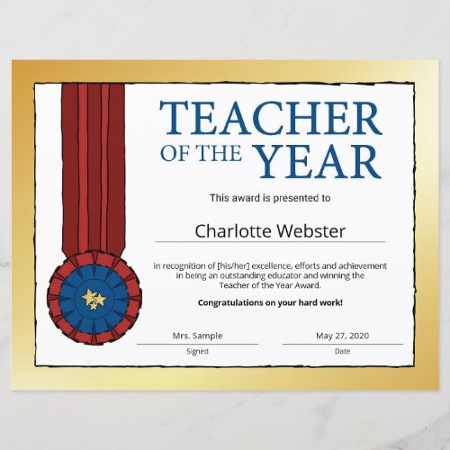 Gold Teacher of the Year Certificate Award