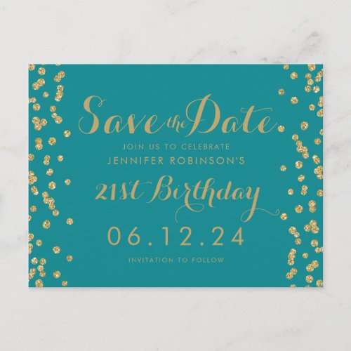 Gold Teal 21st Birthday Save The Date Confetti Announcement Postcard