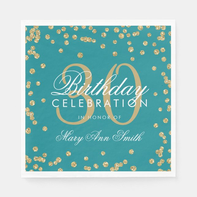 Gold Teal 30th Birthday Glitter Confetti Napkins (Front)