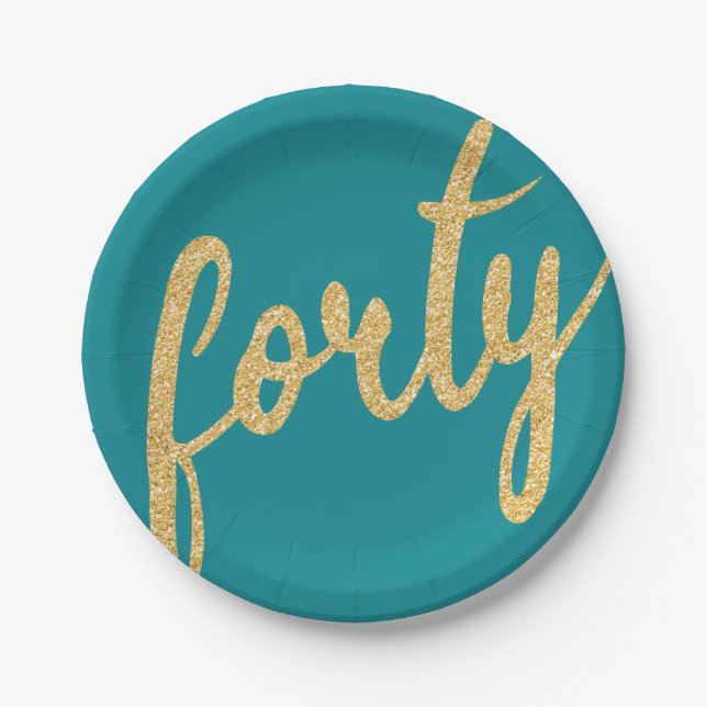 Gold Teal 40 Birthday Party Glitter "Forty" Paper Plates (Front)