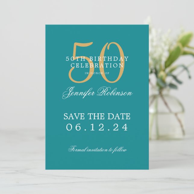 Gold Teal 50th Birthday Save the Date  Invitation (Standing Front)