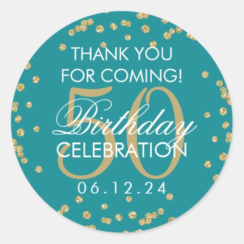 Gold Teal 50th Birthday Thank You Glitter Confetti Classic Round Sticker