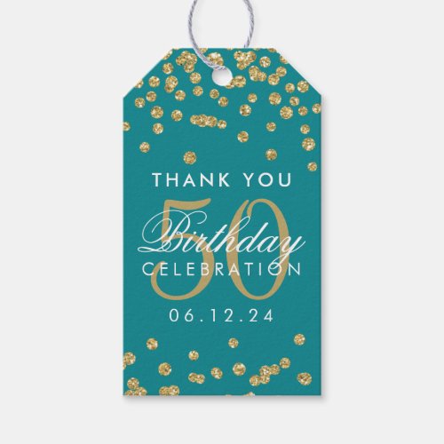 Gold Teal 50th Birthday Thank You Glitter Confetti Gift Tags
