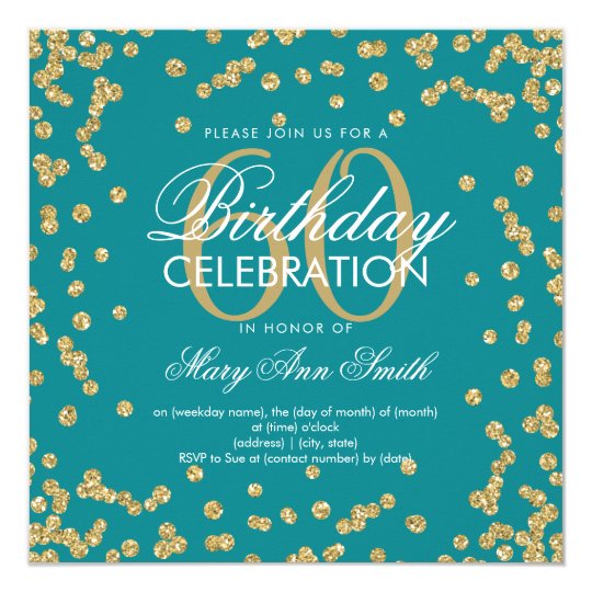 Gold Teal 60th Birthday Elegant Glitter Confetti Invitation | Zazzle.com