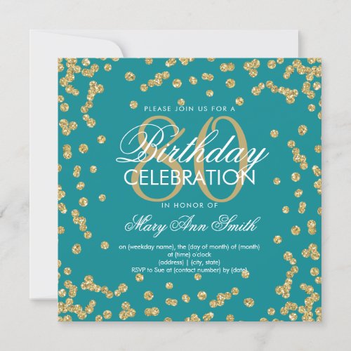 Gold Teal 80th Birthday Glitter Confetti Invitation