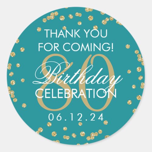 Gold Teal 80th Birthday Thank You Glitter Classic Round Sticker