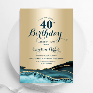 Gold Teal Agate 40th Birthday Invitation