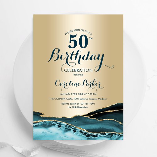 Gold Teal Agate 50th Birthday Invitation