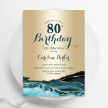 Gold Teal Agate 80th Birthday Invitation<br><div class="desc">Teal and gold agate 80th birthday party invitation. Elegant modern design featuring watercolor agate marble geode background,  faux glitter gold and typography script font. Trendy invite card perfect for a stylish women's bday celebration. Printed Zazzle invitations or instant download digital printable template.</div>