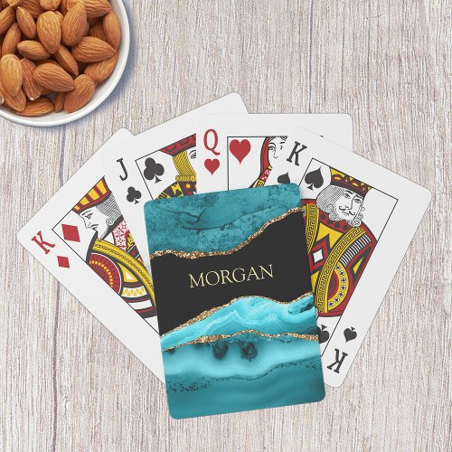 Gold  Teal Agate Glitter Gold Name on Black Poker Cards