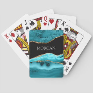 Gold & Teal Agate, Glitter, Grey Name on Black Poker Cards