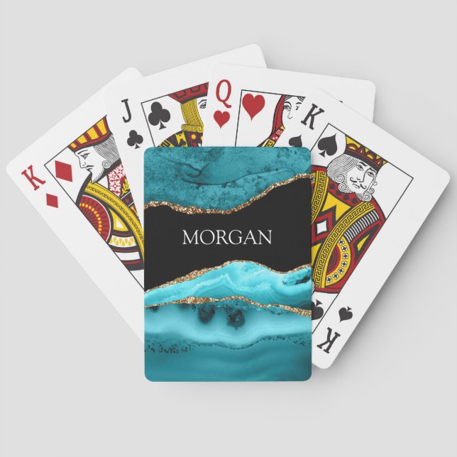 Gold & Teal Agate, Glitter, White Name on Black Poker Cards (Back)