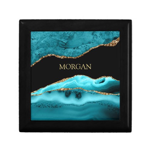 Gold  Teal Agate Gold Name on Black  Gift Box