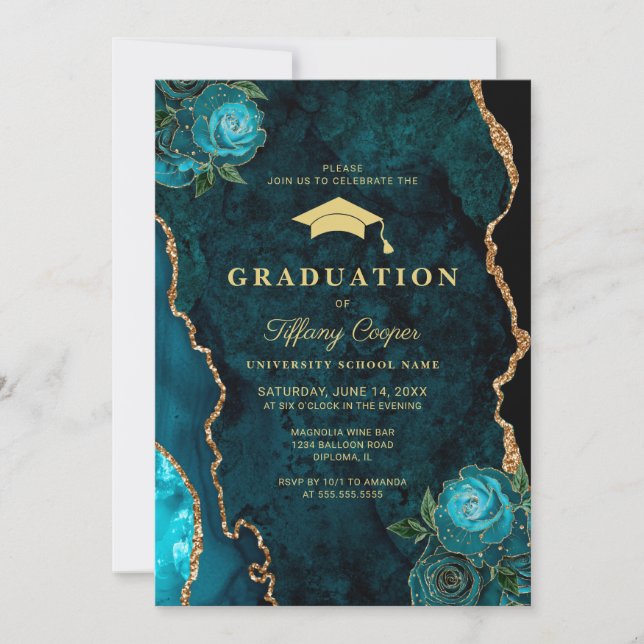Gold Teal Agate Graduation Party Invitation (Front)