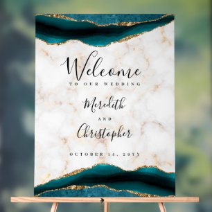 Gold Teal Agate Marble Wedding Welcome Acrylic Sign