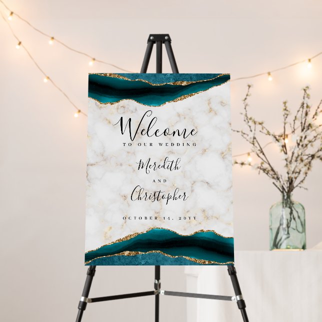 Gold Teal Agate Marble Wedding Welcome Sign (In Situ (Stand))