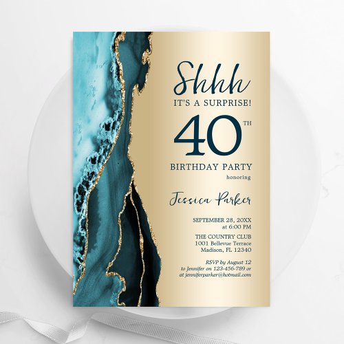 Gold Teal Agate Surprise 40th Birthday Invitation