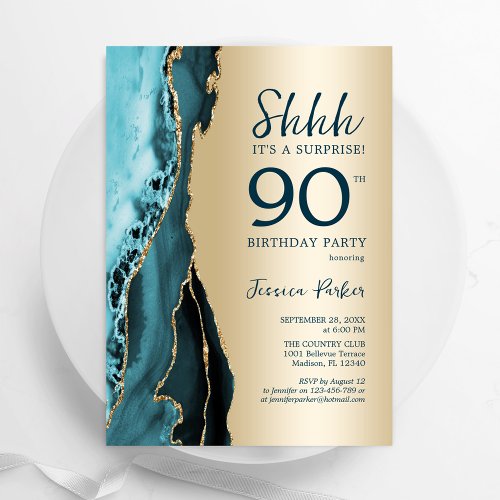 Gold Teal Agate Surprise 90th Birthday Invitation