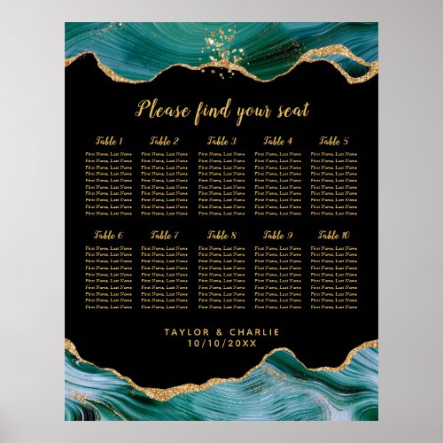 Gold Teal Agate Wedding 10 Table Seating Chart