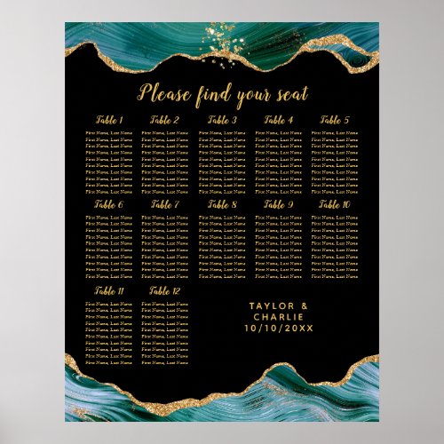 Gold Teal Agate Wedding 12 Table Seating Chart