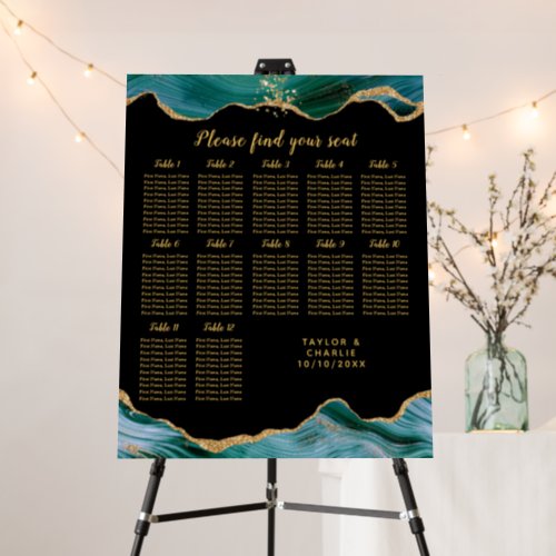 Gold Teal Agate Wedding 12 Table Seating Chart Foam Board