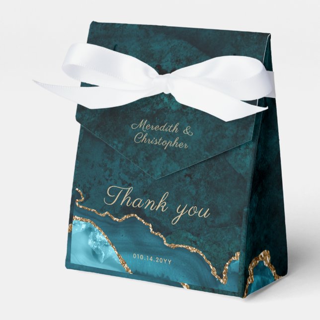Gold Teal Agate Wedding Favor Boxes (Front Side)