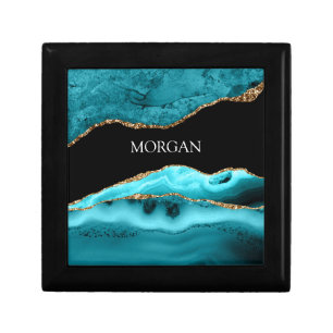 Gold & Teal Agate, White Name on Black Gift Box