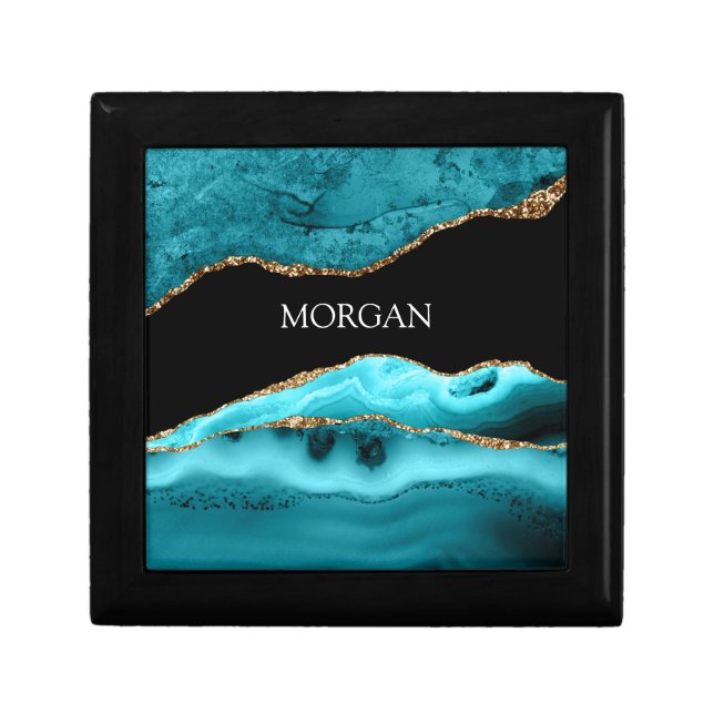 Gold & Teal Agate, White Name on Black Gift Box (Front)