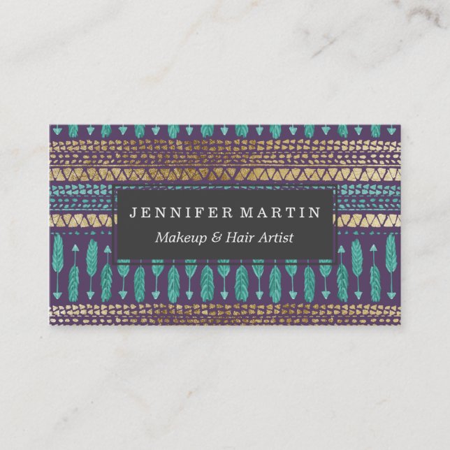 Gold Teal and Purple Arrows Tribal Aztec Pattern Business Card (Front)