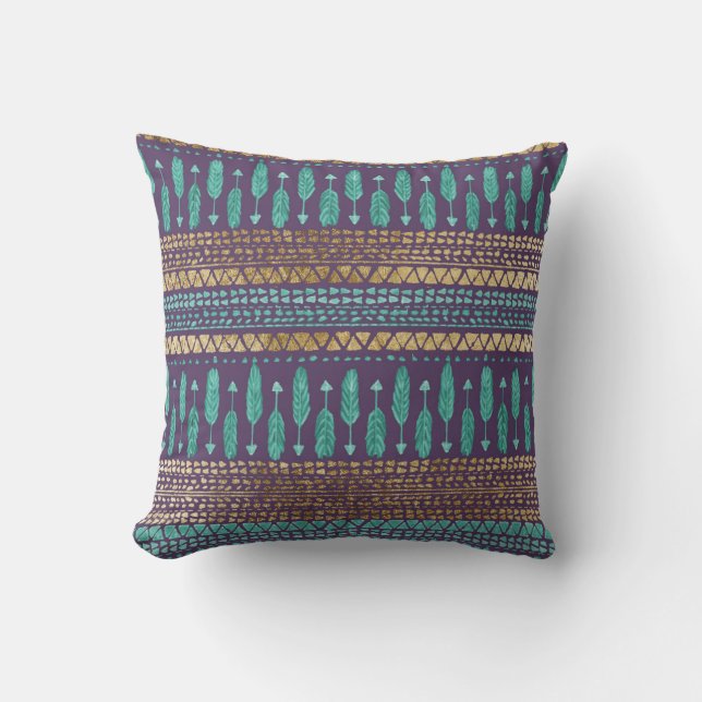 Gold Teal and Purple Arrows Tribal Aztec Pattern Throw Pillow (Front)