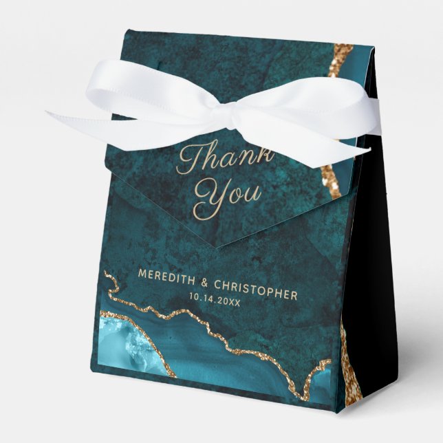 Gold Teal Aqua Agate Wedding Favor Boxes (Front Side)