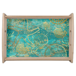 Gold Teal Aqua Seashell Starfish Beachy Sealife Serving Tray