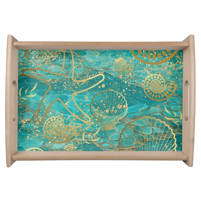Gold Teal Aqua Seashell Starfish Beachy Sealife Serving Tray (Front)