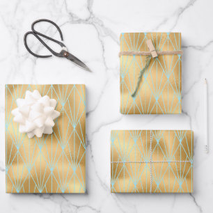 Gold & Teal Art Deco Design Pattern Wrapping Paper Sheets