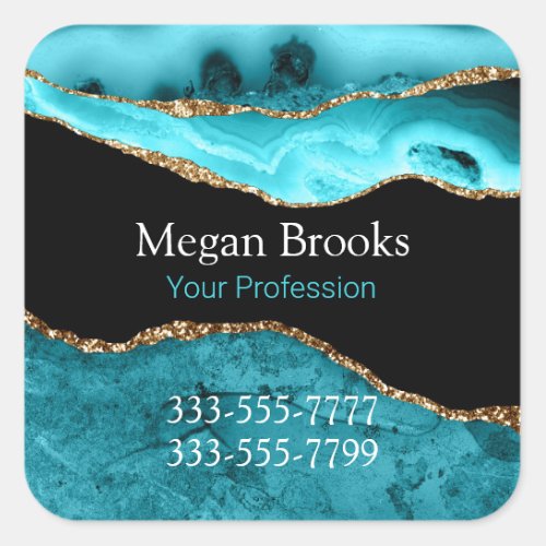 Gold Teal Black Agate DIY Name Occupation Phones Square Sticker