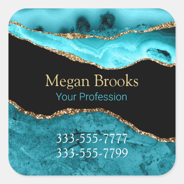 Gold Teal Black Agate, Name, Occupation Phones Square Sticker (Front)