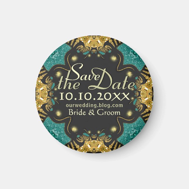 Gold Teal Black Funky Tribal Save the Date Magnet (Front)