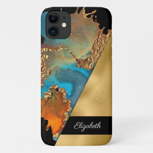 Gold Teal Black Watercolor Ink Your Name iPhone 11 Case