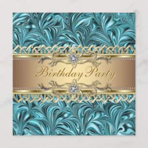 Gold Teal Blue Birthday Party Invitations