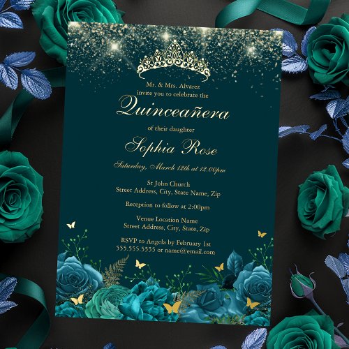 Gold Teal Blue Floral Butterfly Tiara Quinceanera Foil Invitation