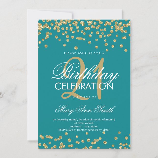 Gold Teal Blue Glitter Confetti 21st Birthday Invitation (Front)
