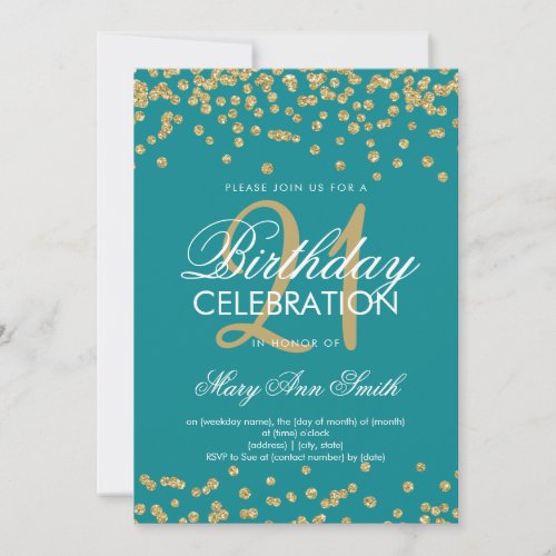 Gold Teal Blue Glitter Confetti 21st Birthday Invitation