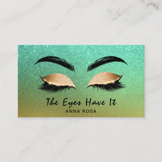 *~* Gold Teal Blue Glitter Lashes Extensions Brows Business Card (Front)