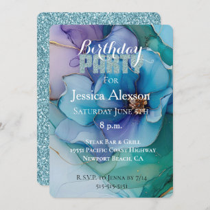 Gold Teal Blue Glitter Purple Floral Birthday Invitation